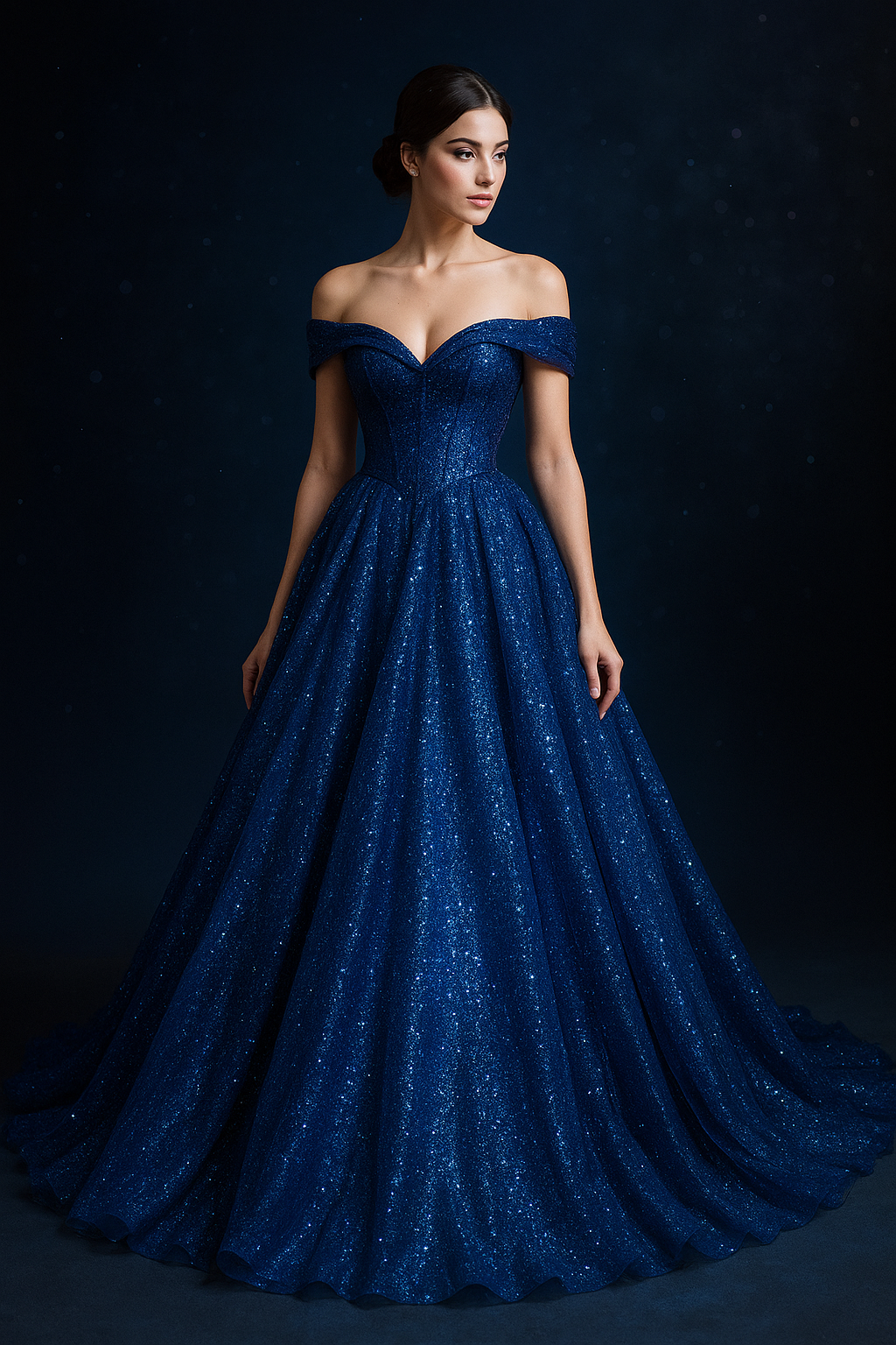 Vestido de gala azul con brillo